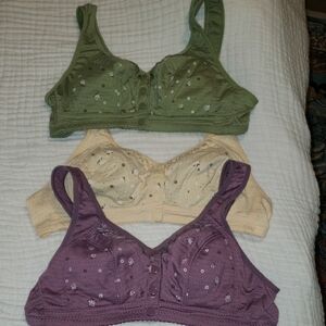 Floral Patterned Bra Trio in Green, Cream, and Purple. Med-Lrg